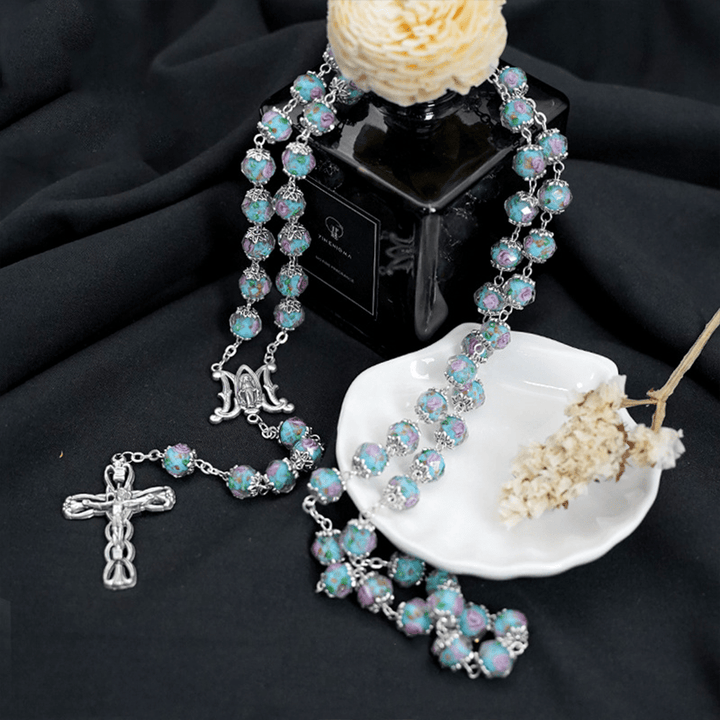 Christianartworkshop Glazed Crystal Rose Flower Beads Rosary - image 3