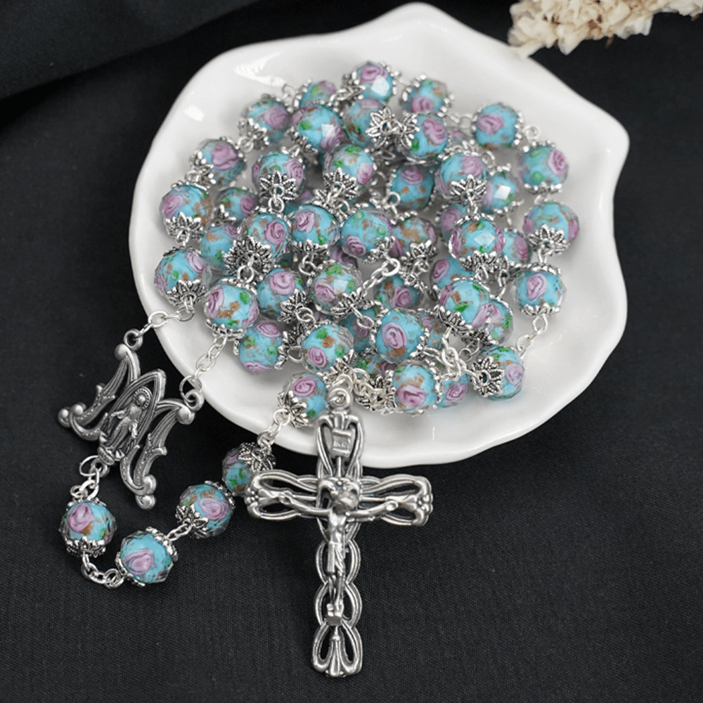 Christianartworkshop Glazed Crystal Rose Flower Beads Rosary - Sky Blue - image 1