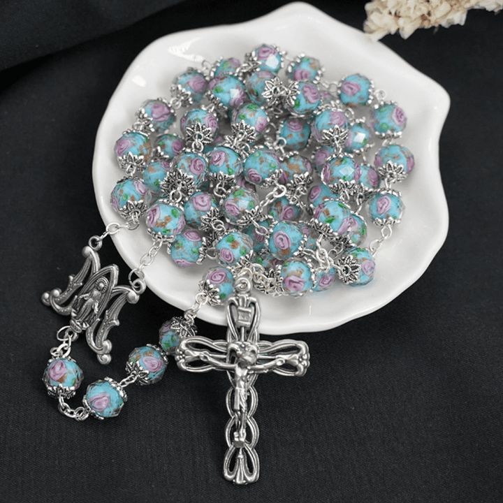Christianartworkshop Glazed Crystal Rose Flower Beads Rosary - Sky Blue - image 1