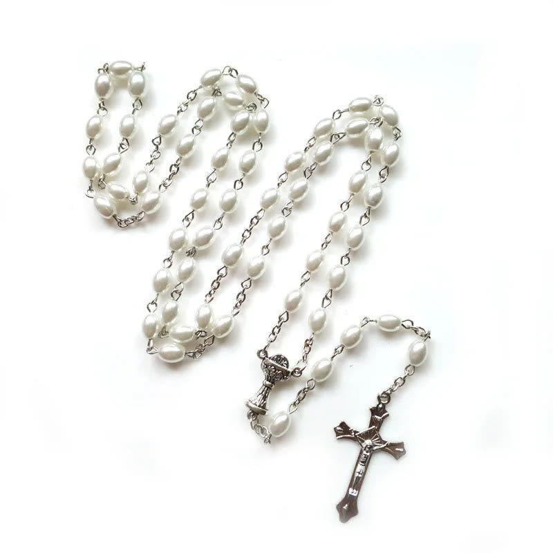 Christianartworkshop Holy Grail & Crucifix of 6*8 mm Oval White Pearl Alloy Chain Rosary - image 2