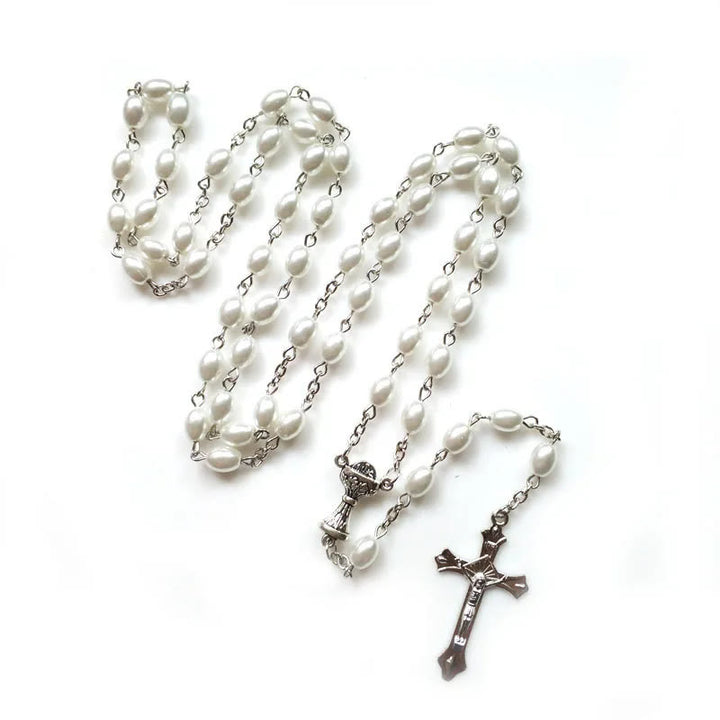 Christianartworkshop Holy Grail & Crucifix of 6*8 mm Oval White Pearl Alloy Chain Rosary - image 2