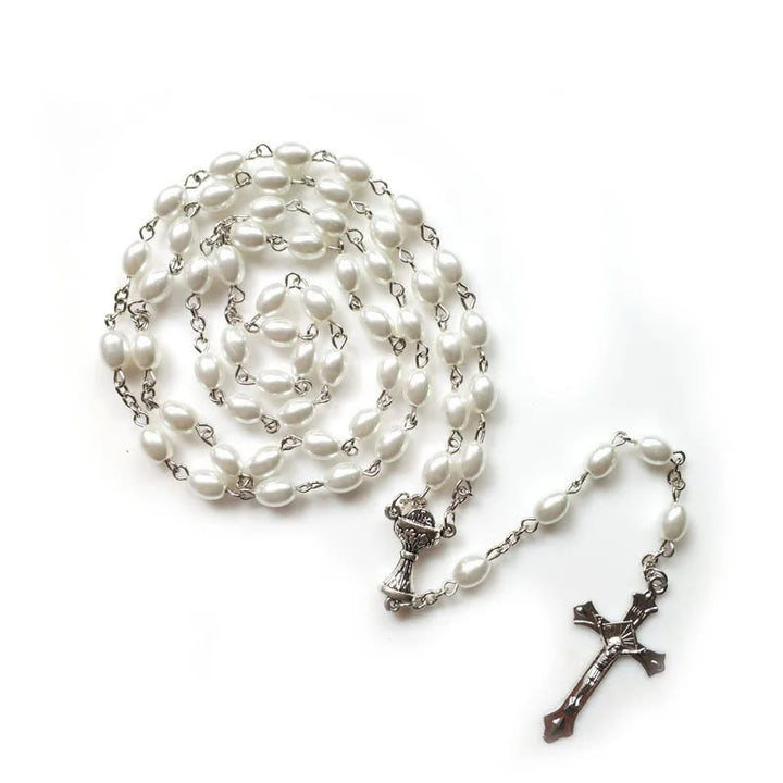 Christianartworkshop Holy Grail & Crucifix of 6*8 mm Oval White Pearl Alloy Chain Rosary - image 3