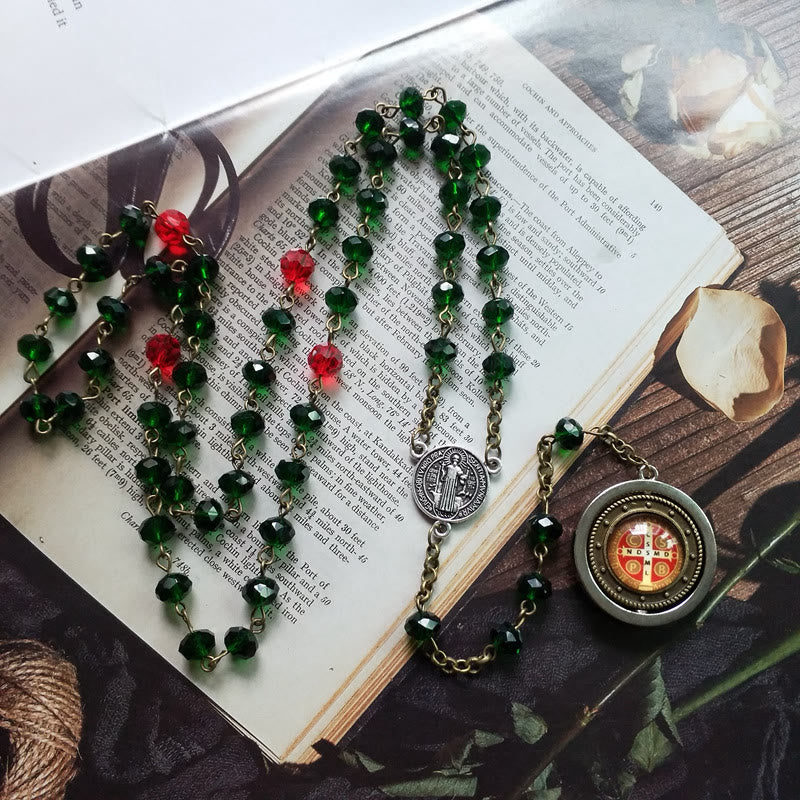 Christianartworkshop St. Benedict Medal of 6*8 mm Polyhedron Green Crystal Alloy Chain Rosary - image 2