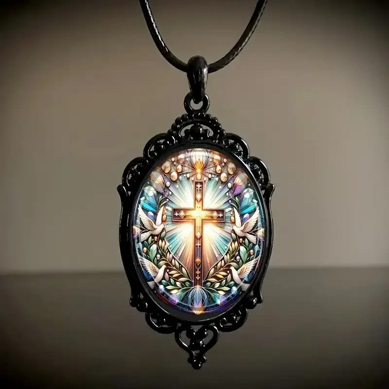 Christianartworkshop Retro Style Cross & Holy Dove Glass Pendant Necklace - image 2