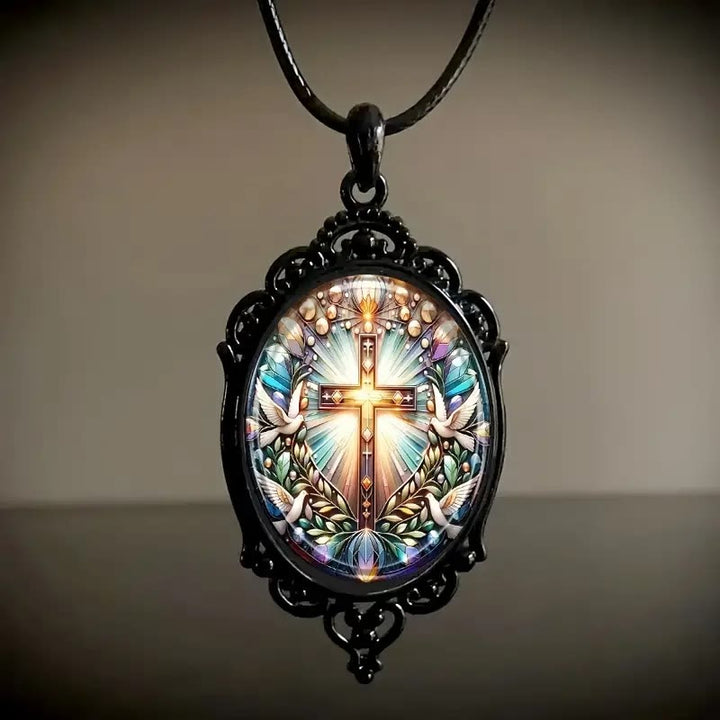 Christianartworkshop Retro Style Cross & Holy Dove Glass Pendant Necklace - image 2