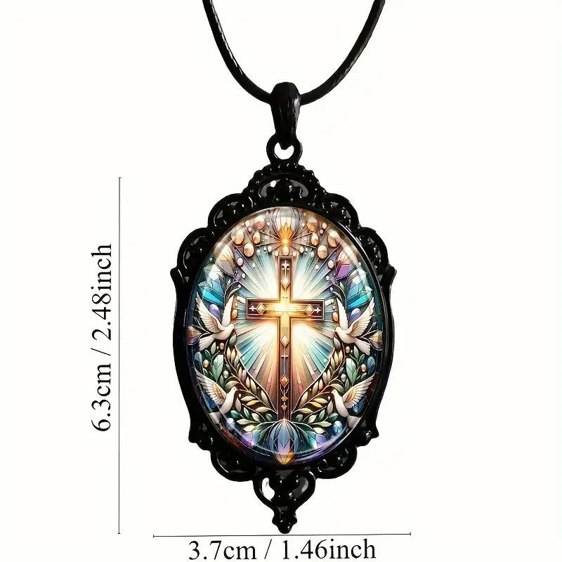 Christianartworkshop Retro Style Cross & Holy Dove Glass Pendant Necklace - image 4