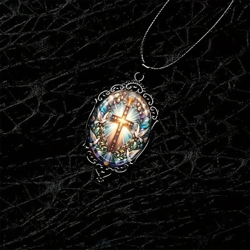 Christianartworkshop Retro Style Cross & Holy Dove Glass Pendant Necklace - image 3