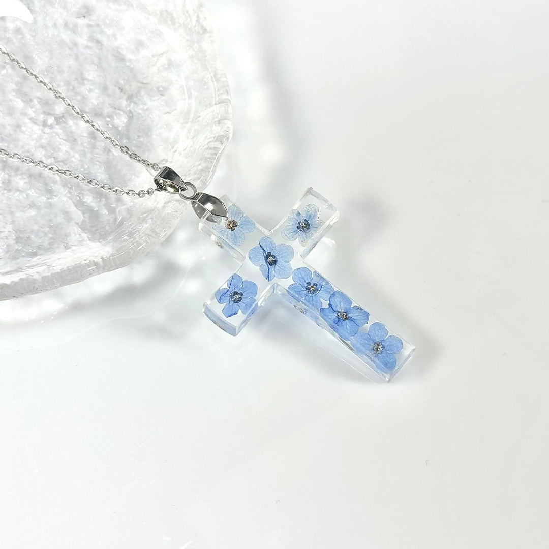 Christianartworkshop Fresh Style Natural Real Dried Flower Cross Necklace - Forget-me-not - image 1