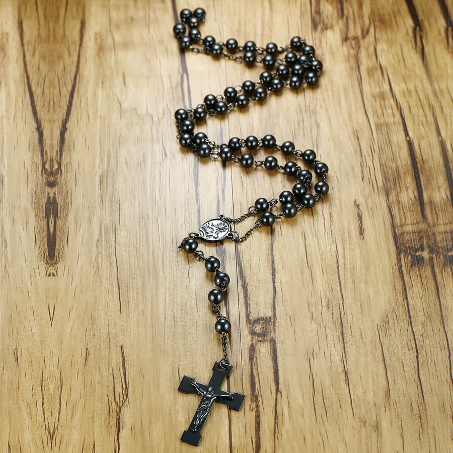 Christianartworkshop Our Lady of Grace & Crucifix of 8 mm Round Black Steel Ball Alloy Chain Rosary - image 2