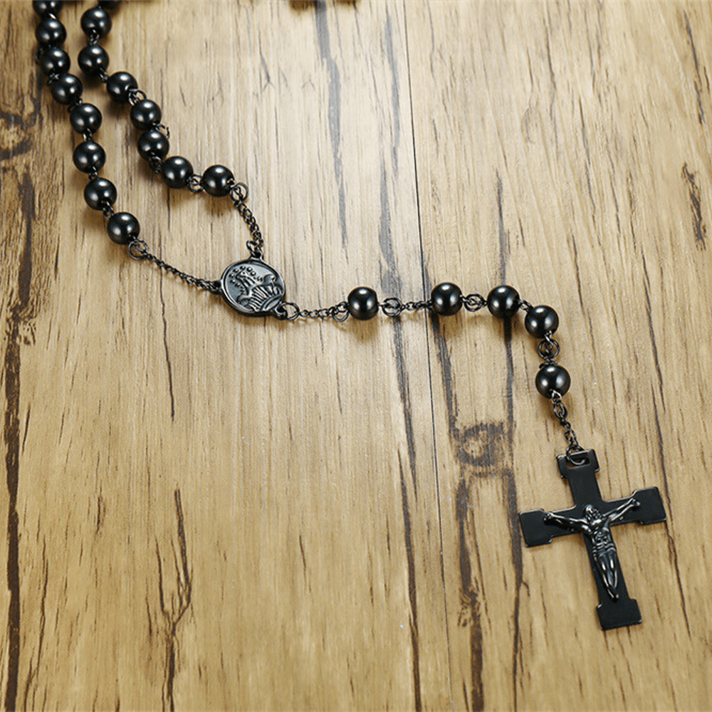 Christianartworkshop Our Lady of Grace & Crucifix of 8 mm Round Black Steel Ball Alloy Chain Rosary - image 4
