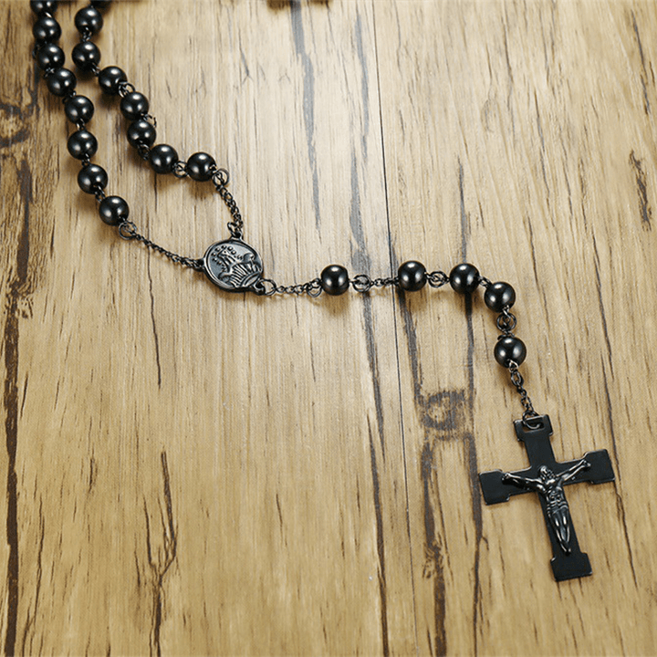 Christianartworkshop Our Lady of Grace & Crucifix of 8 mm Round Black Steel Ball Alloy Chain Rosary - image 4