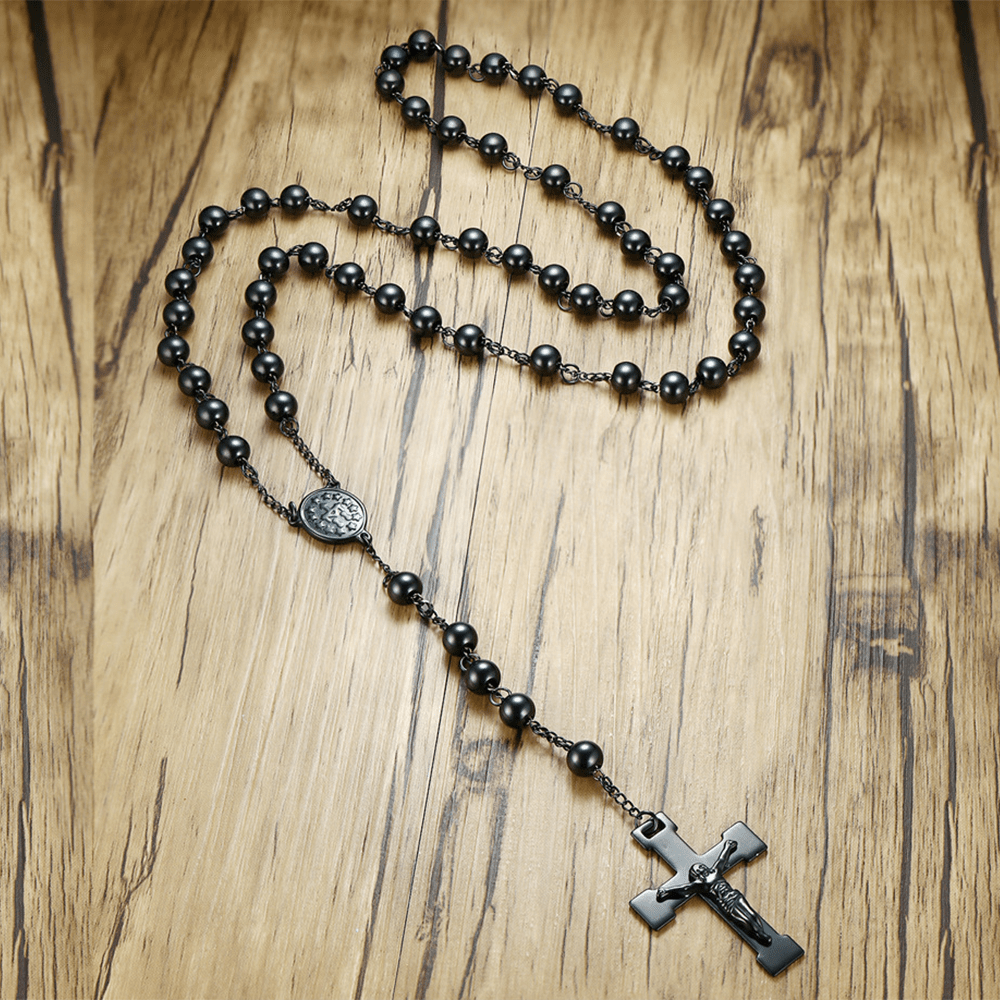 Christianartworkshop Our Lady of Grace & Crucifix of 8 mm Round Black Steel Ball Alloy Chain Rosary - Black - image 1