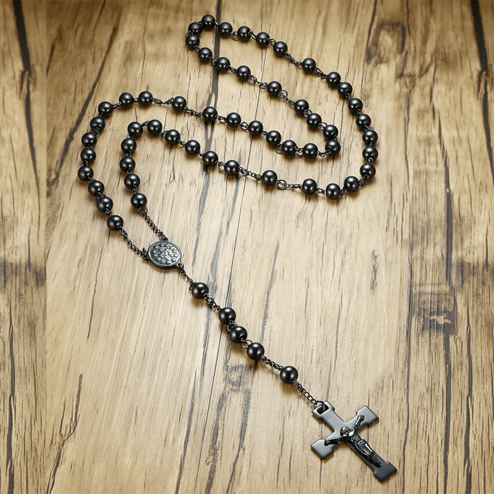 Christianartworkshop Our Lady of Grace & Crucifix of 8 mm Round Black Steel Ball Alloy Chain Rosary - Black - image 1