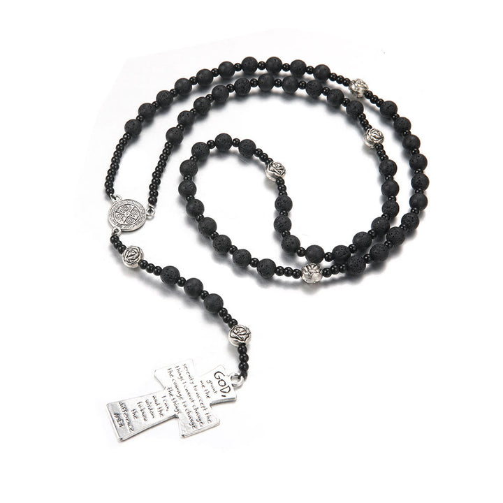Christianartworkshop St. Benedict Medal & Cross of 8 mm Round Black Volcanic Stone Nylon Cord Rosary - image 3