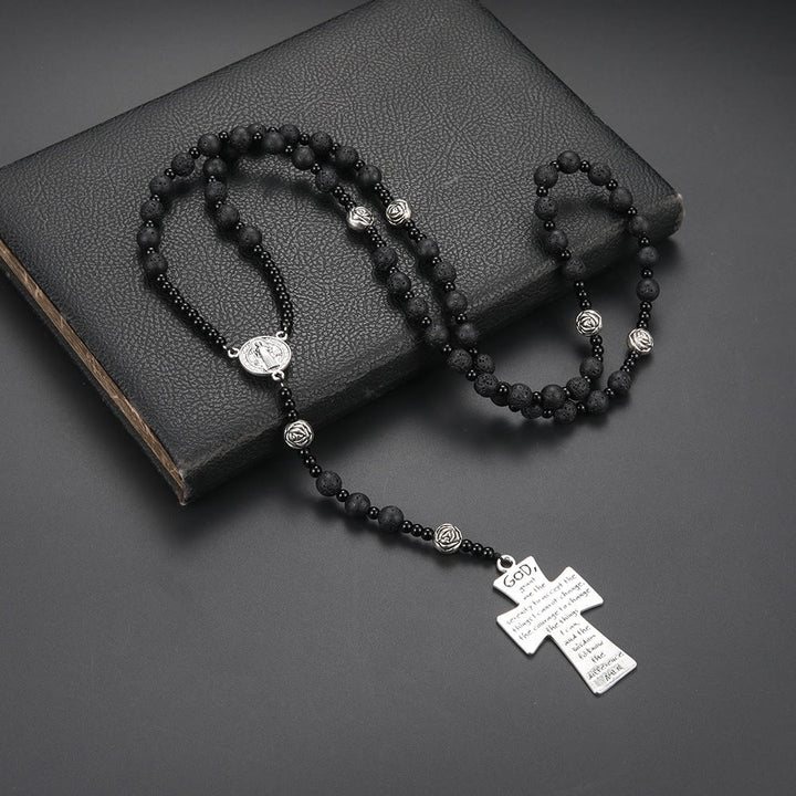 Christianartworkshop St. Benedict Medal & Cross of 8 mm Round Black Volcanic Stone Nylon Cord Rosary - Black - image 1