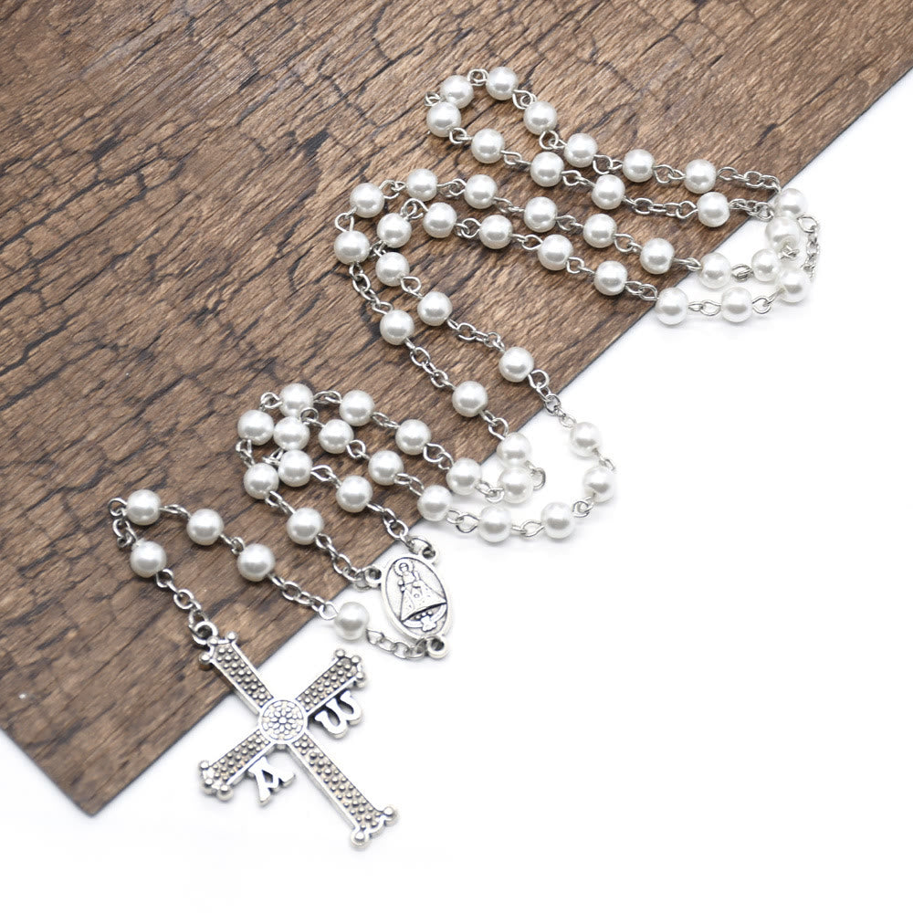 Christianartworkshop San Juan del Valle Medal & Cross of 6 mm Round White Glass Alloy Chain Rosary - White - image 1