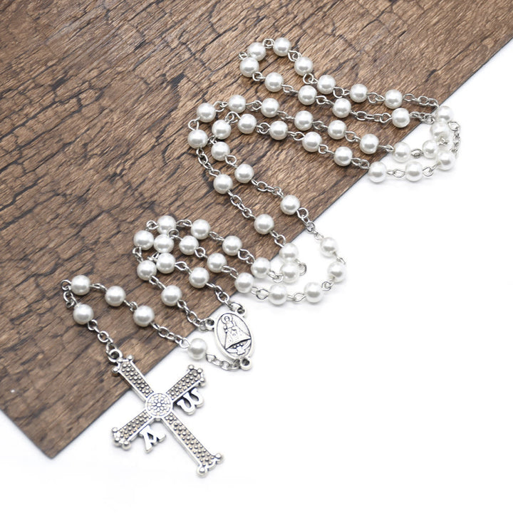 Christianartworkshop San Juan del Valle Medal & Cross of 6 mm Round White Glass Alloy Chain Rosary - White - image 1