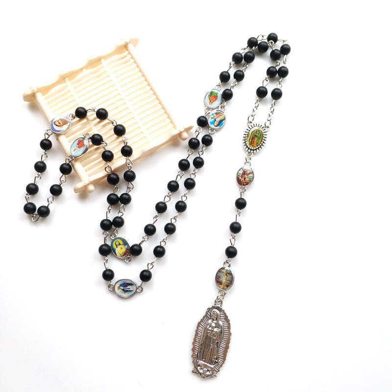 Christianartworkshop Our Lady of Guadalupe of 6 mm Round Black Agate Alloy Chain Rosary - Black - image 1