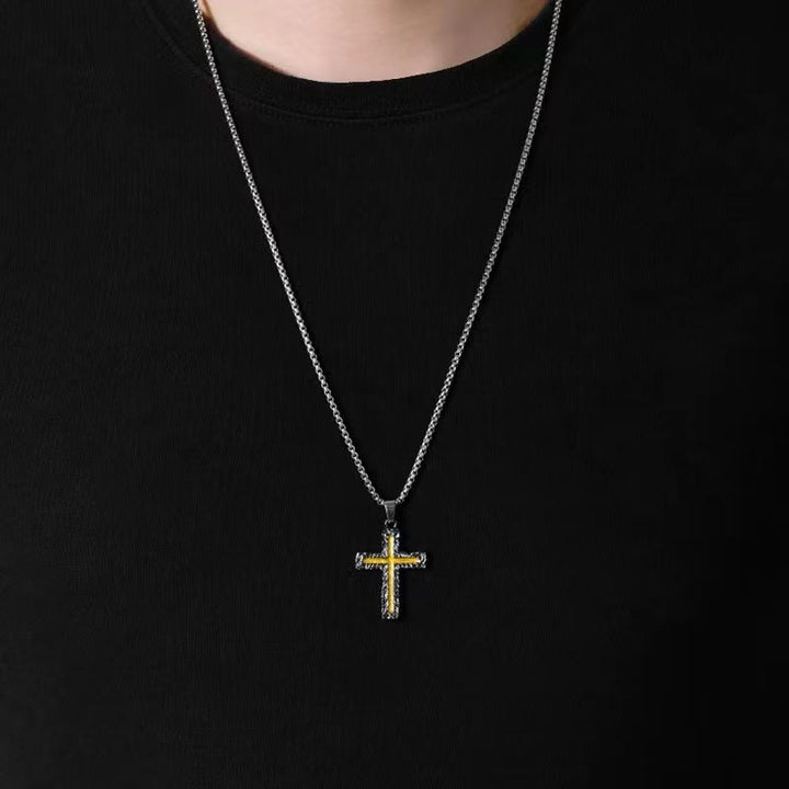 Christianartworkshop Minimalist Style Silver-golden Lava Cross Pendant Necklace - image 4
