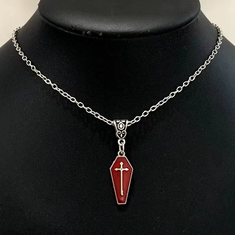Christianartworkshop Gothic Style Red Enamel Halloween Vampire Coffin Cross Necklace - image 5
