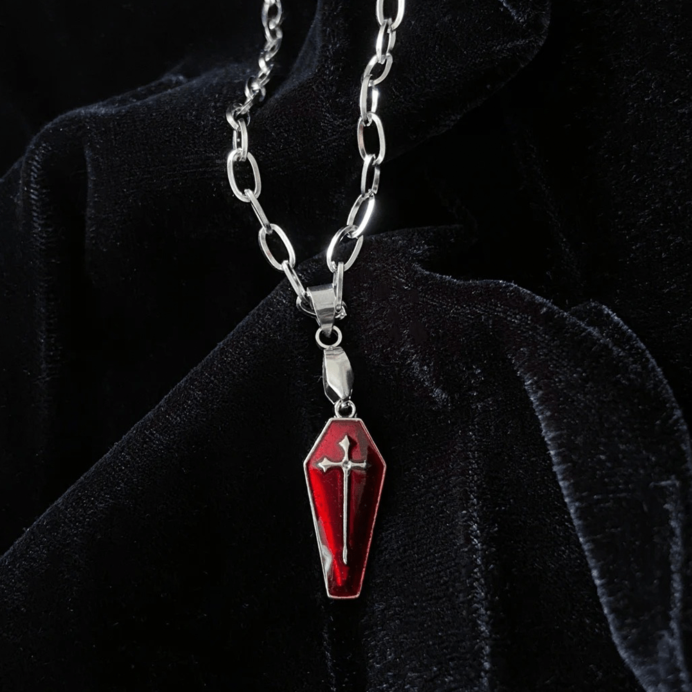 Christianartworkshop Gothic Style Red Enamel Halloween Vampire Coffin Cross Necklace - image 4