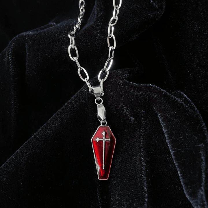 Christianartworkshop Gothic Style Red Enamel Halloween Vampire Coffin Cross Necklace - image 4