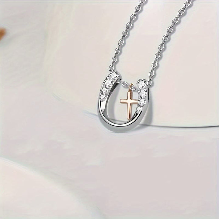 Christianartworkshop Minimalist Style Hollow Horseshoe Cross Pendant Necklace - image 2