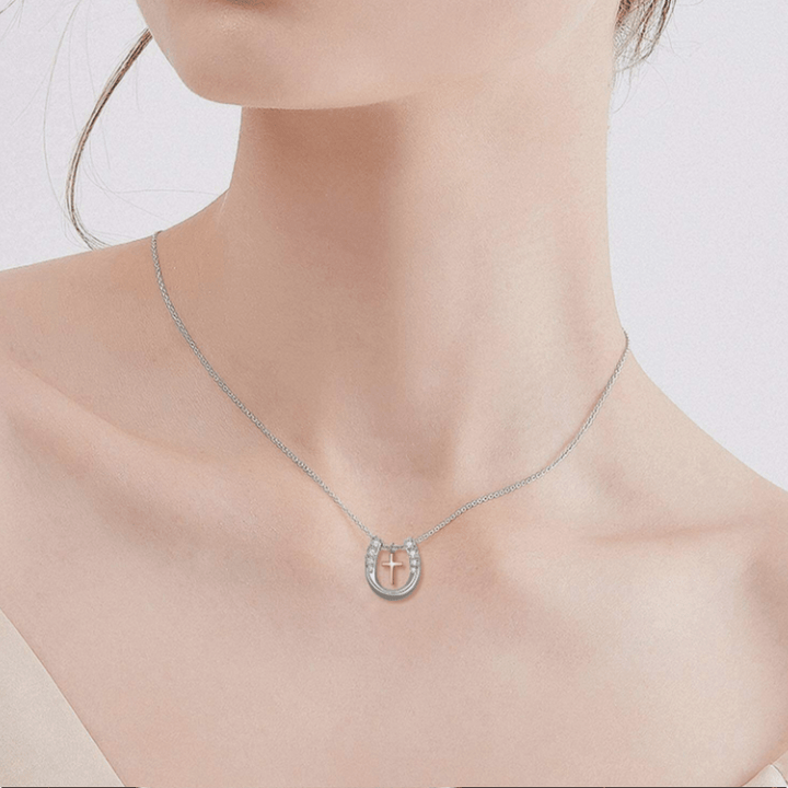 Christianartworkshop Minimalist Style Hollow Horseshoe Cross Pendant Necklace - image 4