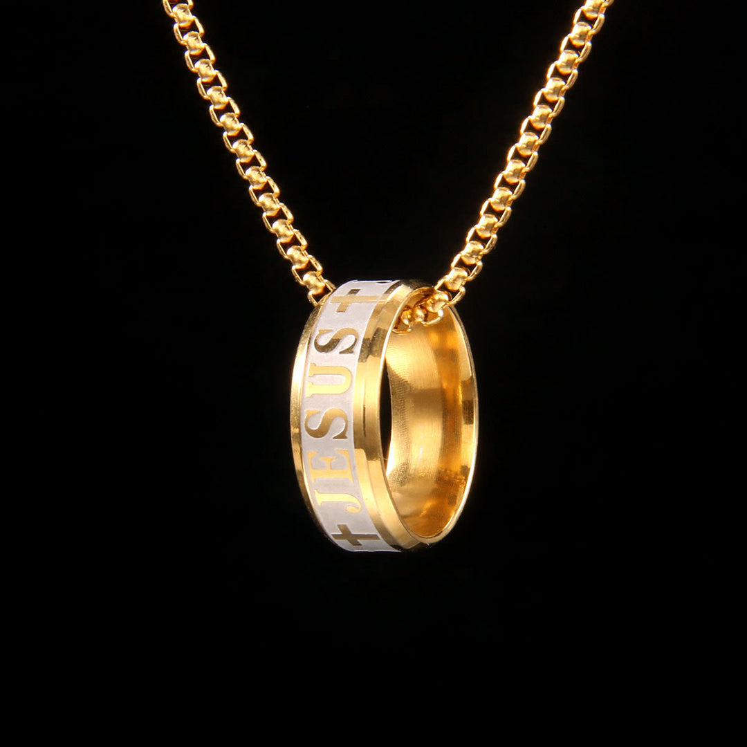 Christianartworkshop Combination Style Laser Engraving "JESUS" Ring & Chain Necklace - Golden - image 1