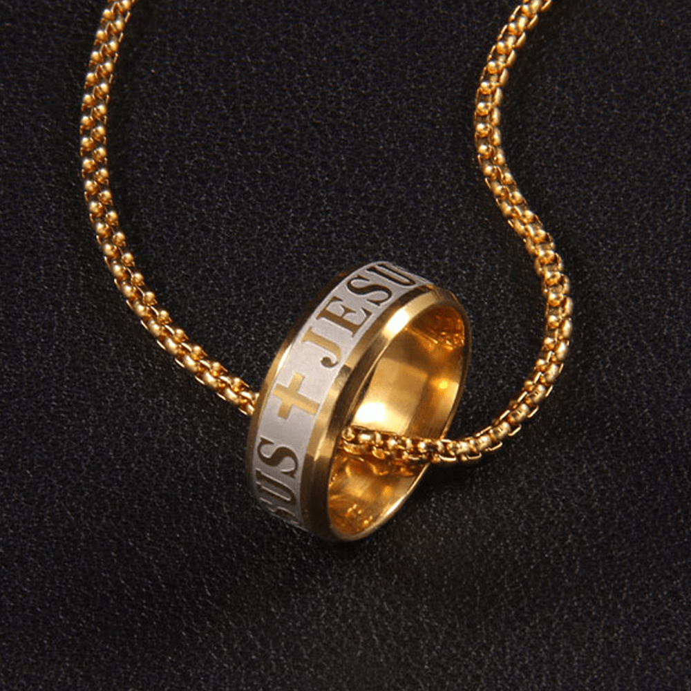 Christianartworkshop Combination Style Laser Engraving "JESUS" Ring & Chain Necklace - image 2