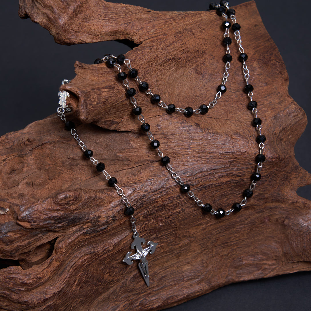 Christianartworkshop Crucifix of 6 mm Polyhedron Black Crystal Alloy Chain Rosary - image 4