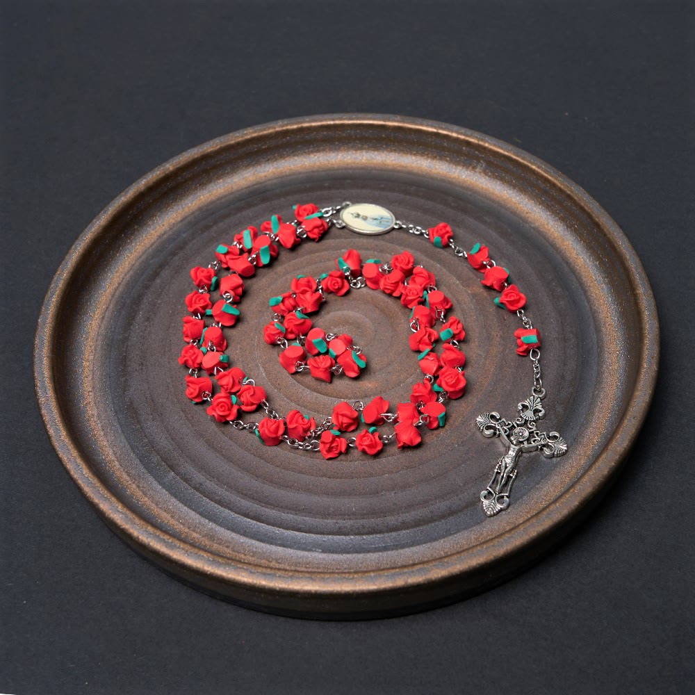 Christian Art Rose Flower Shaped Beads Virgin Mary Prayer Rosary - image 3