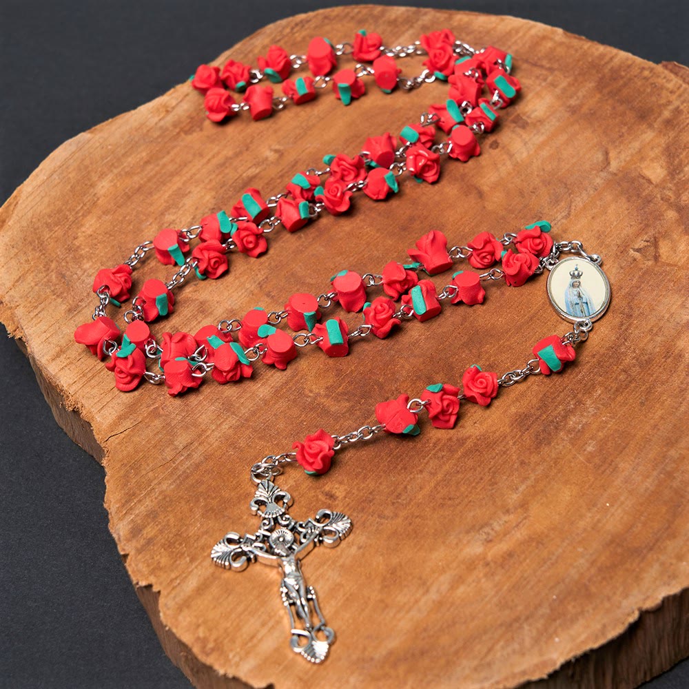 Christian Art Rose Flower Shaped Beads Virgin Mary Prayer Rosary - Red - image 1