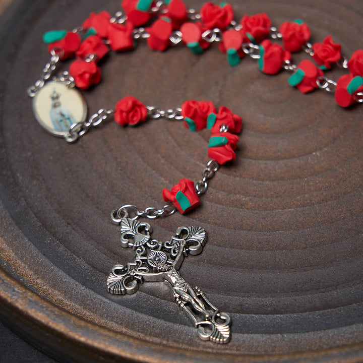 Christian Art Rose Flower Shaped Beads Virgin Mary Prayer Rosary - image 6