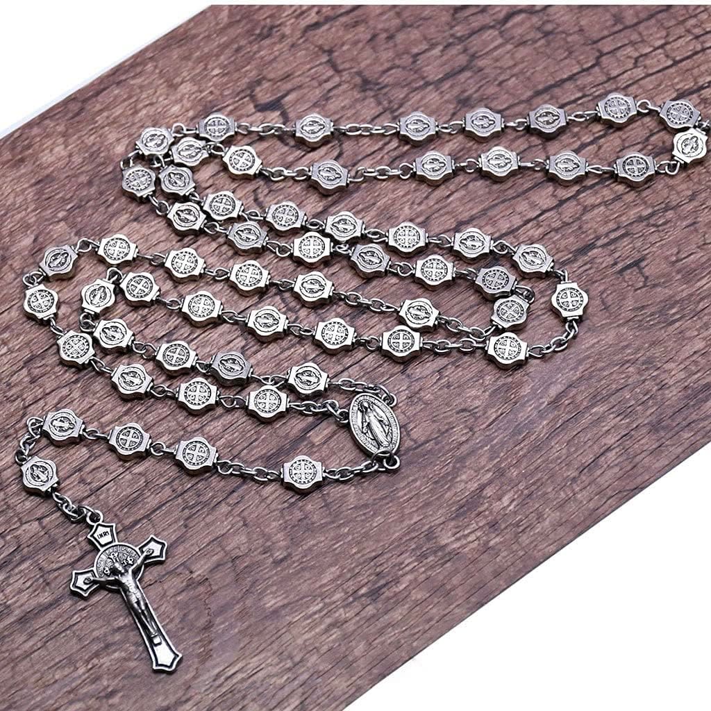 Christianartworkshop St. Benedict Medal & Crucifix of 8 mm Polyhedron Silver Metal Alloy Chain Rosary - image 2
