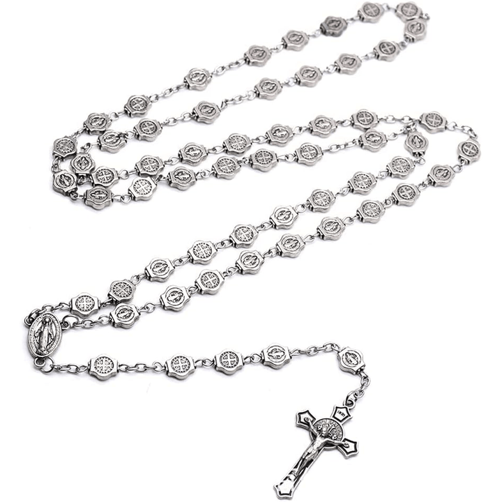 Christianartworkshop St. Benedict Medal & Crucifix of 8 mm Polyhedron Silver Metal Alloy Chain Rosary - image 4