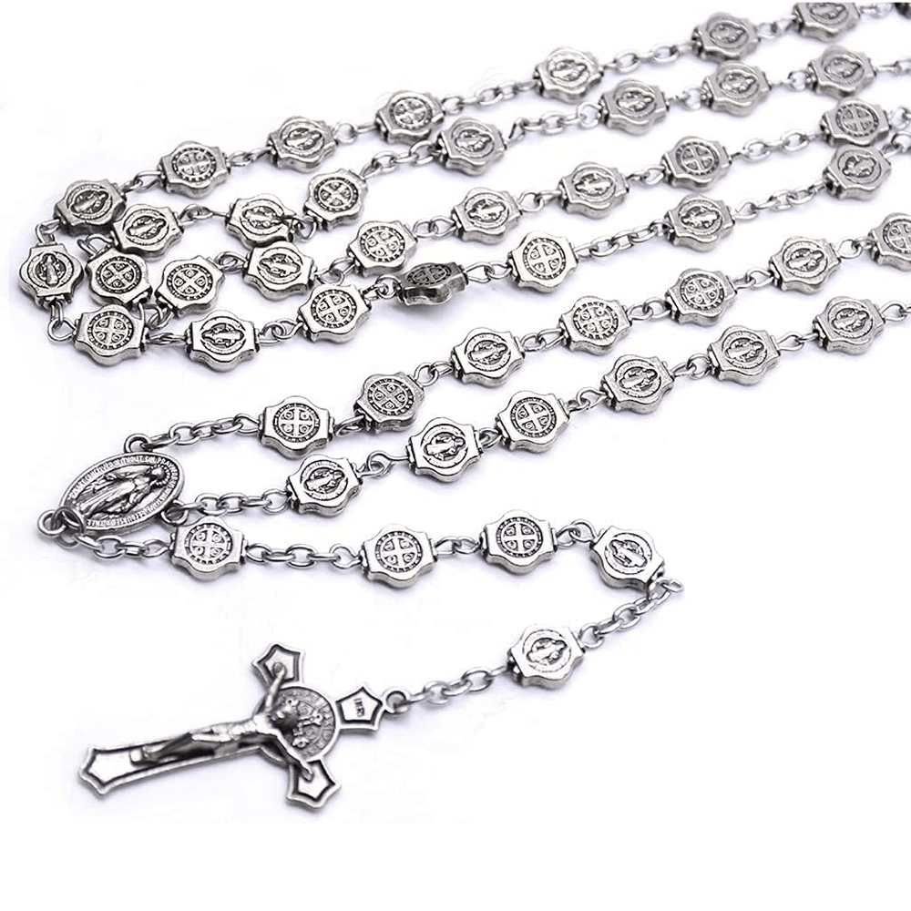 Christianartworkshop St. Benedict Medal & Crucifix of 8 mm Polyhedron Silver Metal Alloy Chain Rosary - image 3