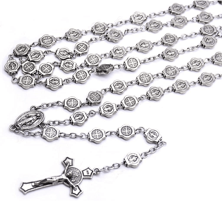 Christianartworkshop St. Benedict Medal & Crucifix of 8 mm Polyhedron Silver Metal Alloy Chain Rosary - image 3
