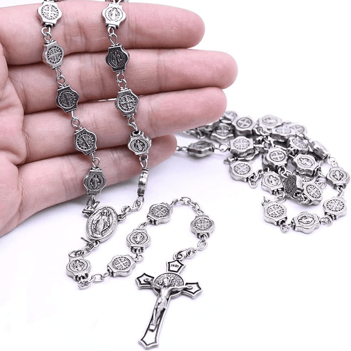 Christianartworkshop St. Benedict Medal & Crucifix of 8 mm Polyhedron Silver Metal Alloy Chain Rosary - Silver - image 1