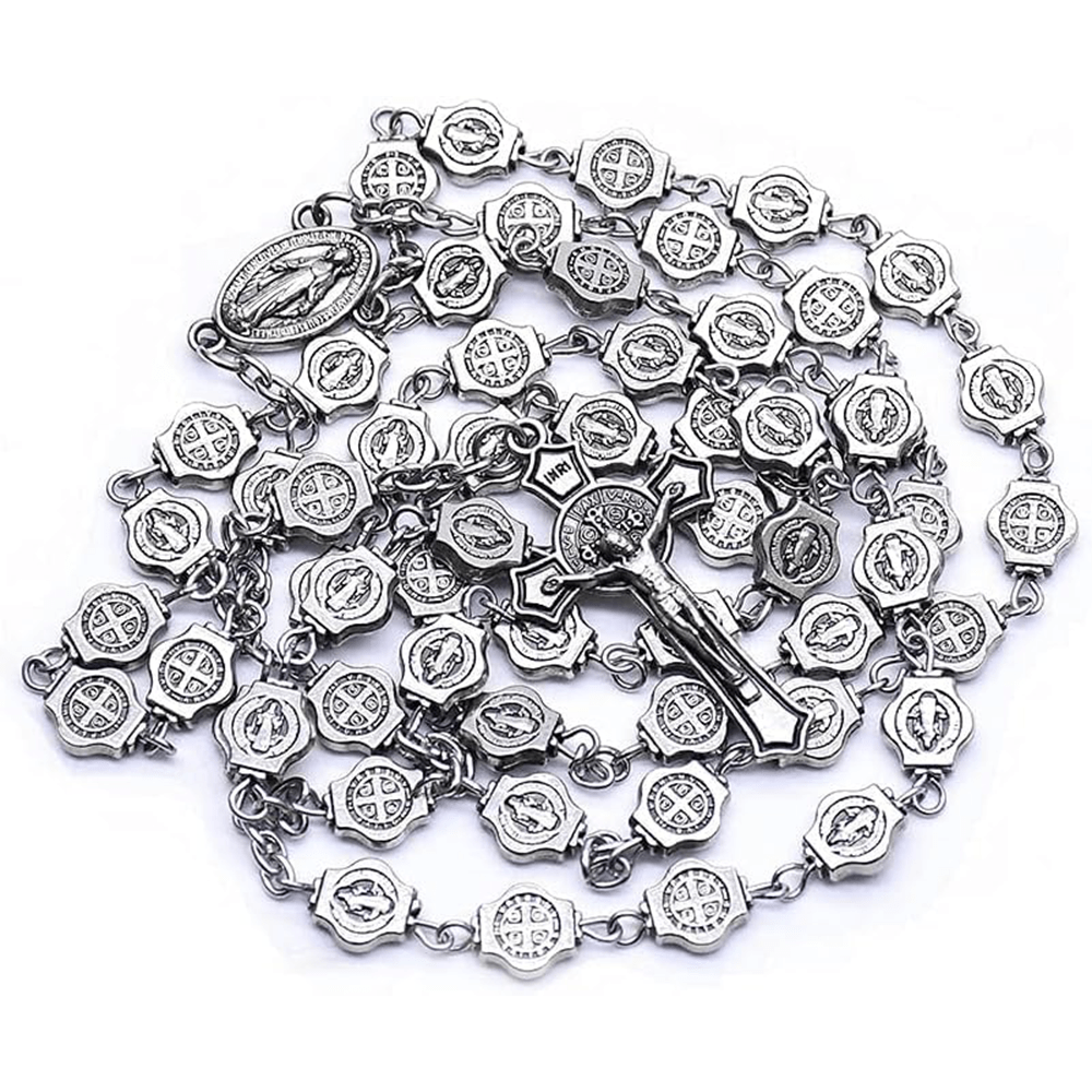 Christianartworkshop St. Benedict Medal & Crucifix of 8 mm Polyhedron Silver Metal Alloy Chain Rosary - image 5