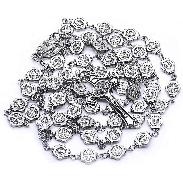 Christianartworkshop St. Benedict Medal & Crucifix of 8 mm Polyhedron Silver Metal Alloy Chain Rosary - image 5