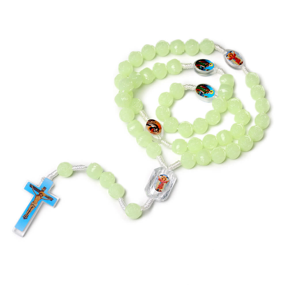 Christianartworkshop Crucifix of 10 mm Rose Luminous Green Resin Nylon Cord Rosary - image 2