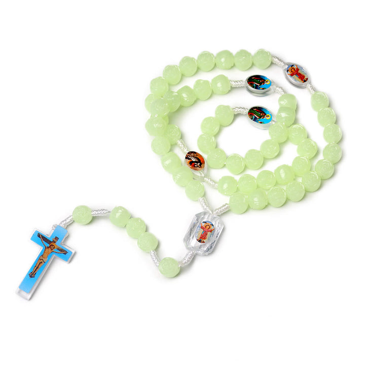 Christianartworkshop Crucifix of 10 mm Rose Luminous Green Resin Nylon Cord Rosary - image 2