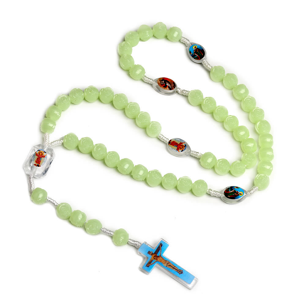 Christianartworkshop Crucifix of 10 mm Rose Luminous Green Resin Nylon Cord Rosary - image 5