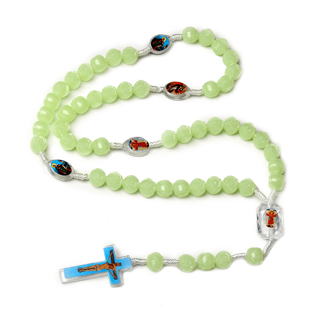 Christianartworkshop Crucifix of 10 mm Rose Luminous Green Resin Nylon Cord Rosary - image 3