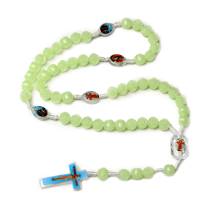 Christianartworkshop Crucifix of 10 mm Rose Luminous Green Resin Nylon Cord Rosary - image 3