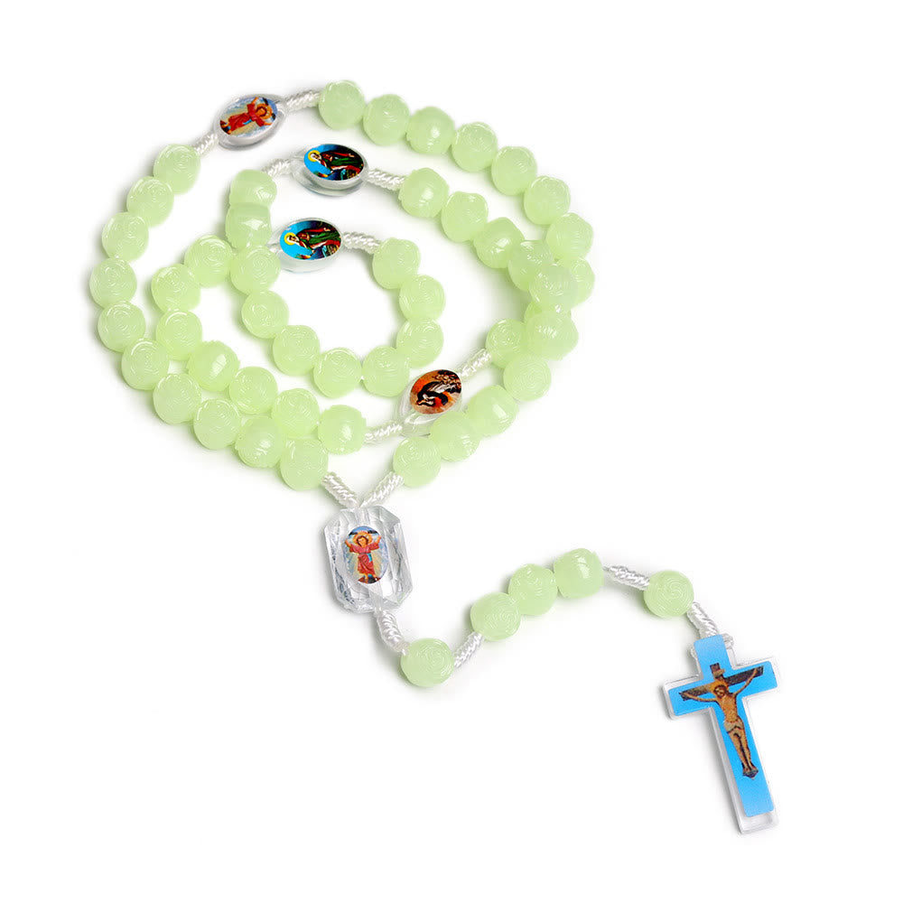 Christianartworkshop Crucifix of 10 mm Rose Luminous Green Resin Nylon Cord Rosary - image 4