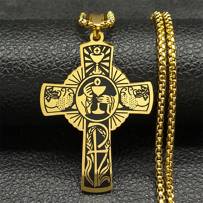 Christianartworkshop Multi-element Style Eucharist Halo Grapevine Cross Necklace - Golden - image 1