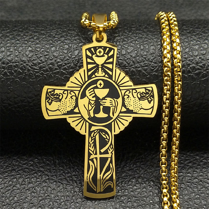Christianartworkshop Multi-element Style Eucharist Halo Grapevine Cross Necklace - Golden - image 1