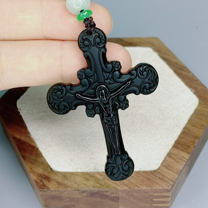 Christianartworkshop Classic Style Crafted Obsidian Crucifix Pendant Necklace - image 4